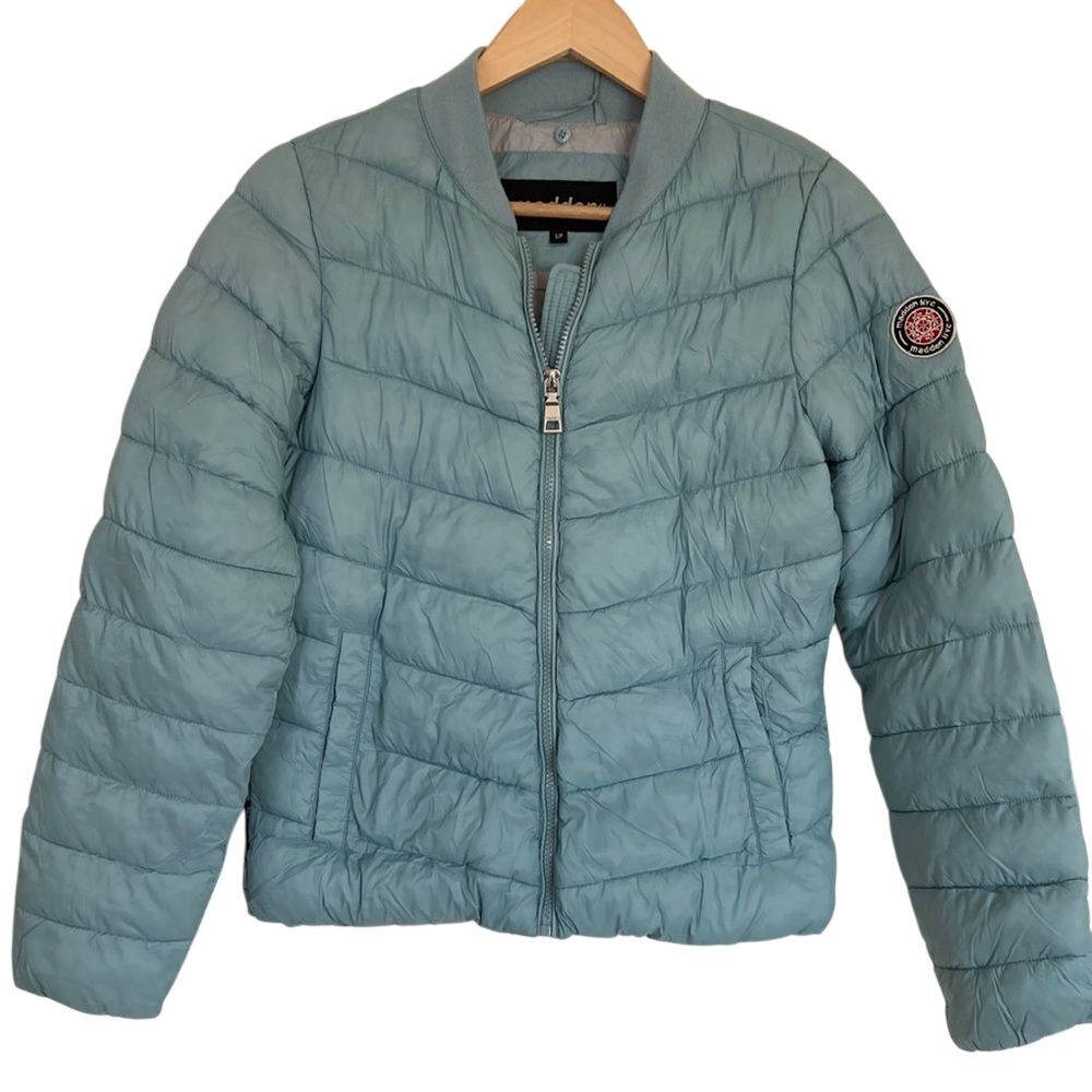 Madden NYC Womens Puffer Jacket‎ Dusty Blue Quilted Bomber Zip Up Coat Small S/P